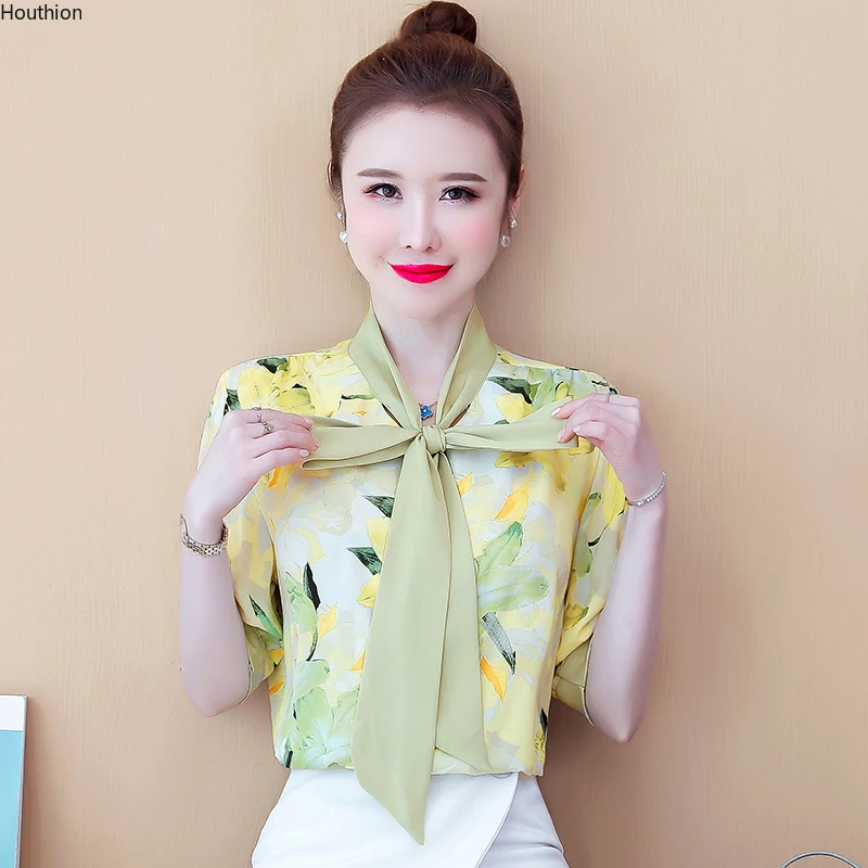

Chiffon Slim Women's Blouses New Casual Blouse Fashion Short Sleeve Top Flowers Bow Tie Buttons Shirt Summer 30016