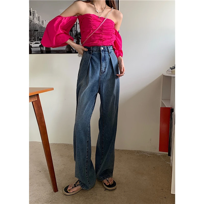 

2021ins Super Fire New Korean Temperament Drape Mopping Pants Frills Retro Lazy Trend Thin Loose High Waist Jeans for Women
