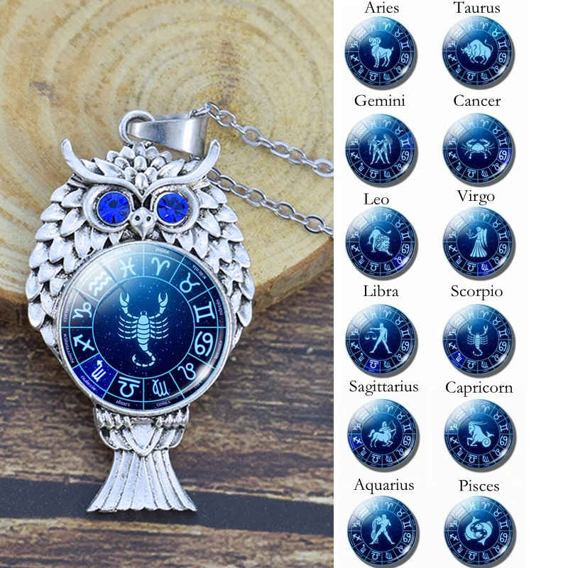 

Cute Owl Pendant Alloy Metal Owl Necklace 12 Zodiac Signs Aries Taurus Gemini Cancer Leo Scorpio Constellation Jewelry