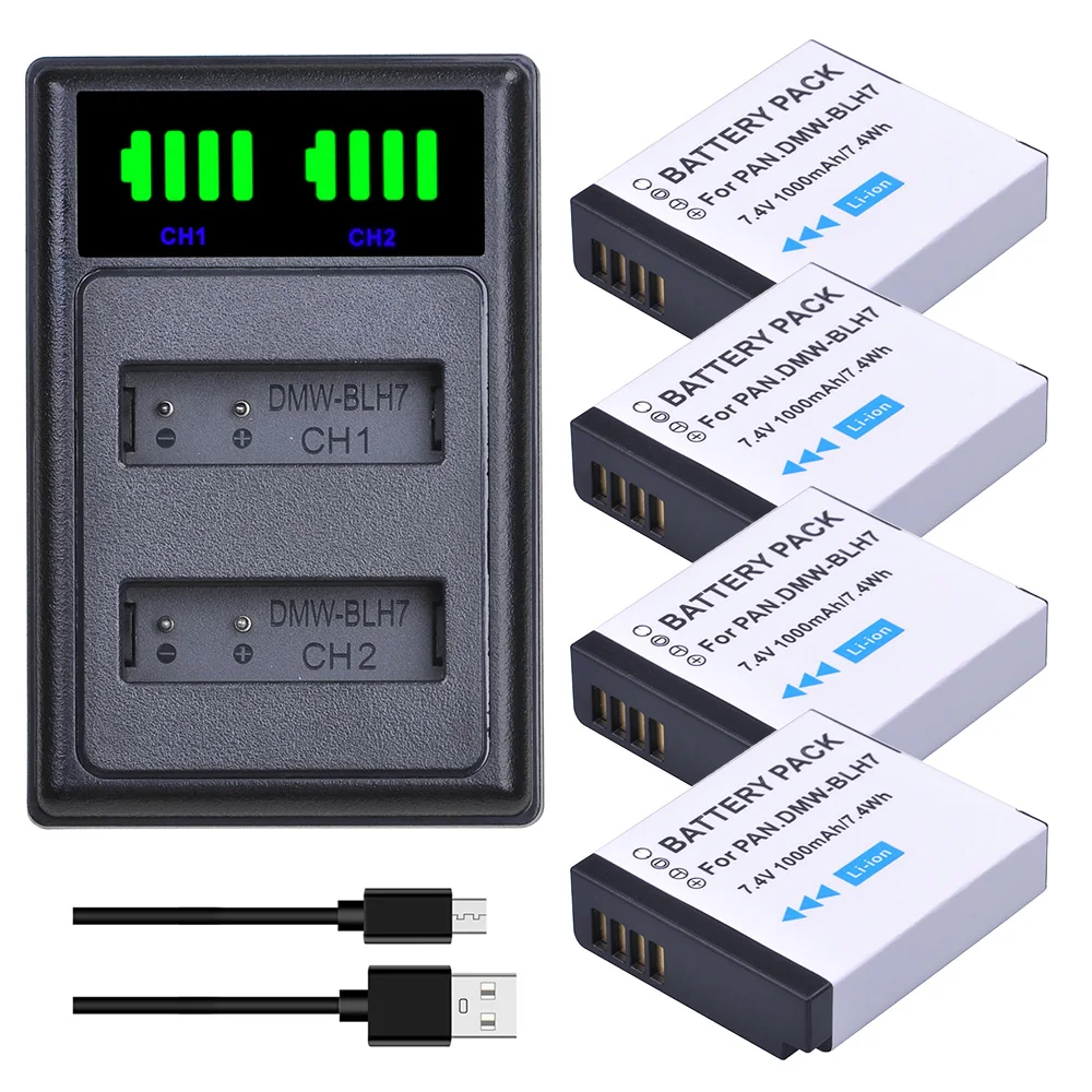 

Для Panasonic Lumix DMC-GM5 DMC-GF7 DMC-GF8 + LED USB Charger 4Pcs 1000mAh DMW-BLH7 BLH7 DMW-BLH7PP DMW-BLH7E