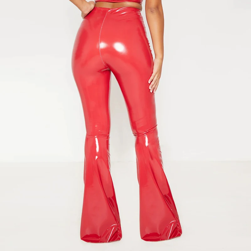 

Красные латексные кожаные расклешенные брюки с завышенной талией, женские Стрейчевые облегающие брюки из ПВХ, леггинсы, женские офисные бр...