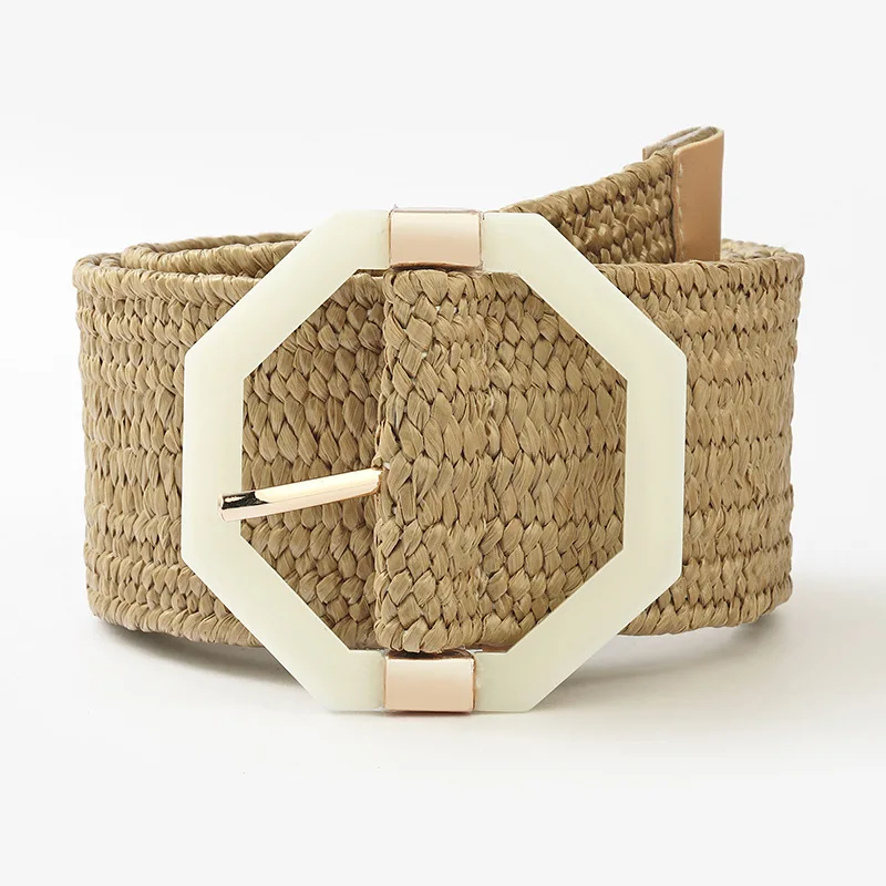 

2021 High Quality Vintage Women Braided Belt Summer Elastic Bohemian Waistband Fake Straw Round Buckle Knitted Belt for Dress