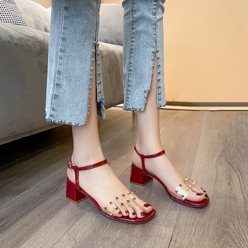 

Autuspin Fashion Women Sandals 2021 Newest PVC Square Toe Thick High Heels Office Lady Working Wedding Rivets Decoration Shoes