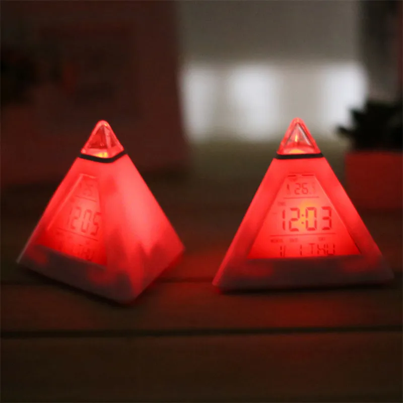 Pyramid Shape 7Color Change Colorful Alarm Clock Home Decor Time LED Digital LCD Creative Fashion Office Table | Дом и сад