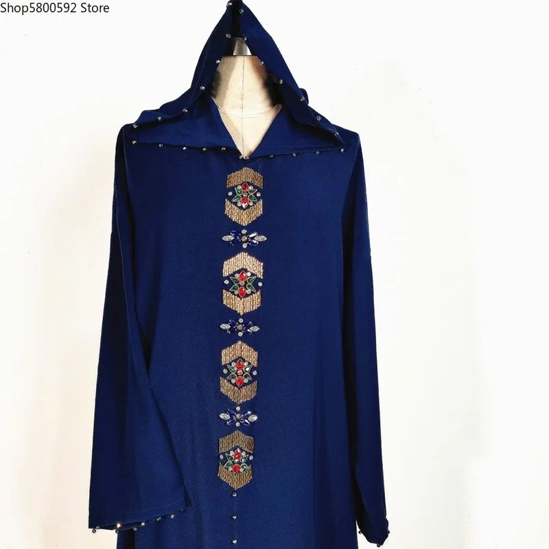 Moroccan Kaftan Hooded Maxi Dress For Women Handwork Stitch Brass Diamond Luruxy Abaya Dubai Robe Turkey Arabic Muslim Clothes