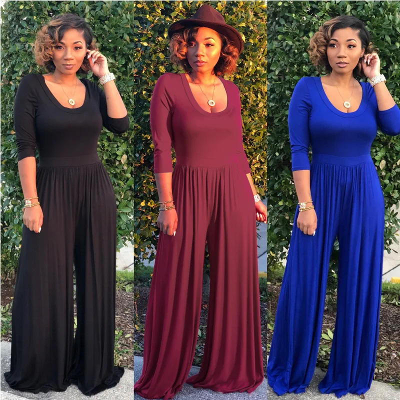 

2019 Winter Hot European and American Casual Pants Women's Solid Color round Neck Shirt with Half Sleeve Jumpsuit Wide Leg Pants