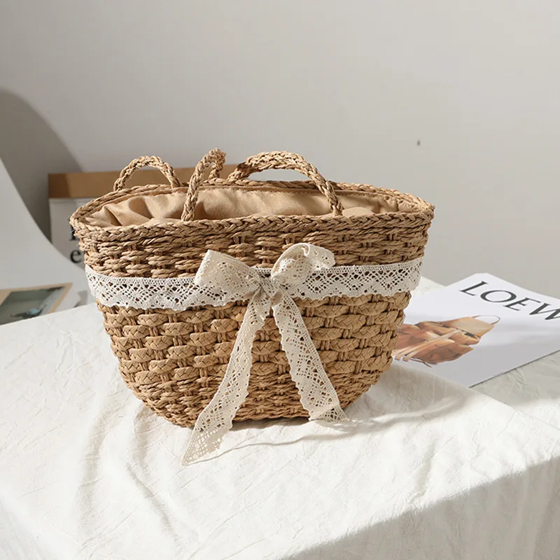 

New Lace Bowknot Woven Women's Shoulder Bags Summer Straw Beach Bag Fashion Designer Bucket Female Handbags Shopper Wallet Purse