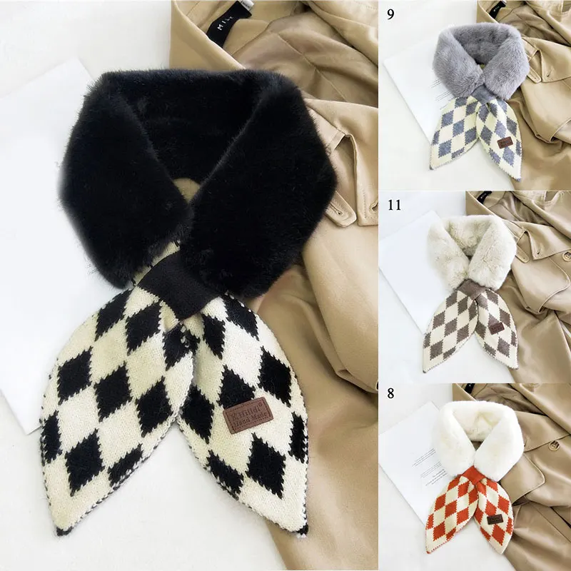 

Leopard Print Cashmere Scarf Knitted Scarf Girls Female Cross Small Scarves Soft Fluffy Neck Warm Faux Fur Collar Scarf Rhombus