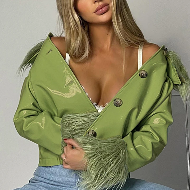 

Green Fur Collar Single-breasted Leather Jacket Women Coats Autumn Long Sleeve Moto Biker Vintage Casual Lady Autumn Fashion Top