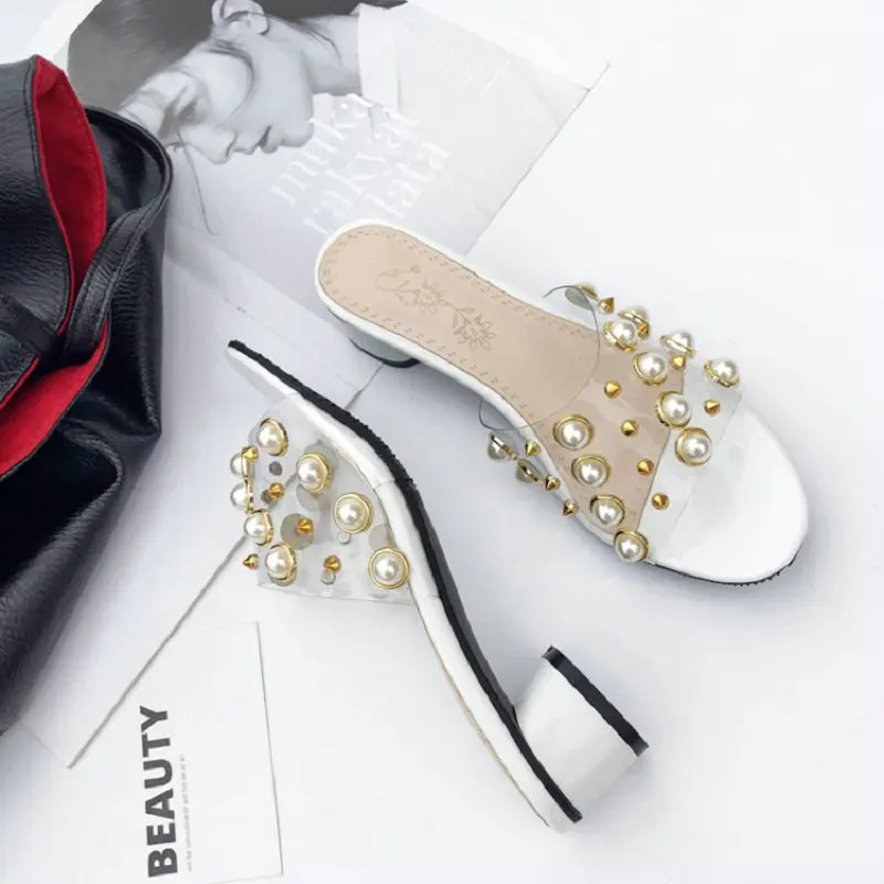 Женские прозрачные шлепанцы с открытым носком si001 белые сандалии из ПВХ жемчугом