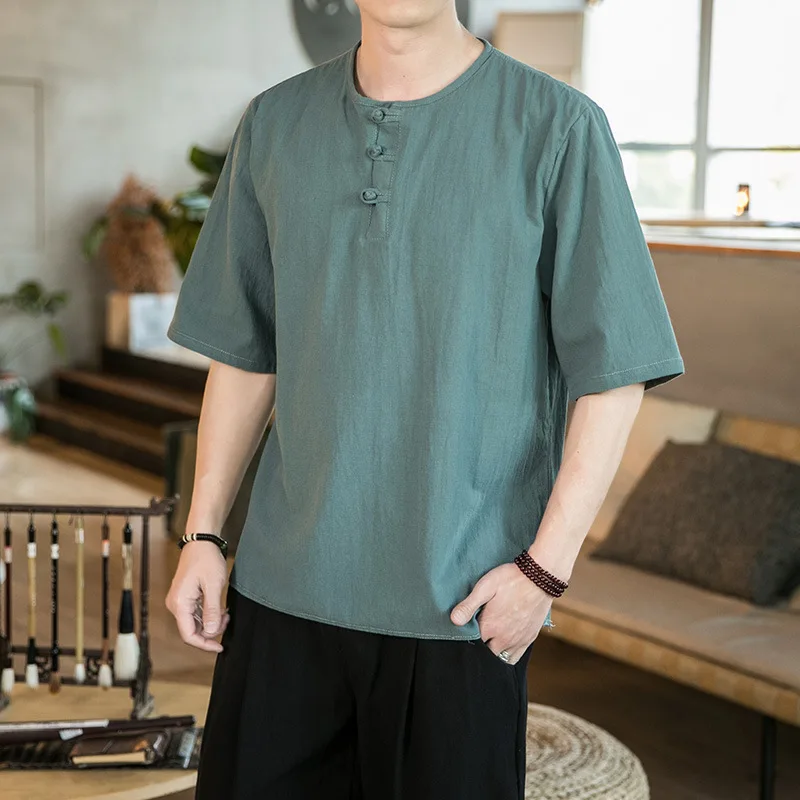 

Men's Chinese Style Cotton and Linen T-shirt, Summer Plus Size Round Neck Buckle Five-point Sleeve Loose Hanfu