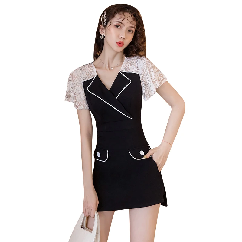 

COIGARSAM Work Patchwork Women dress New Lace Dresses Black 6588