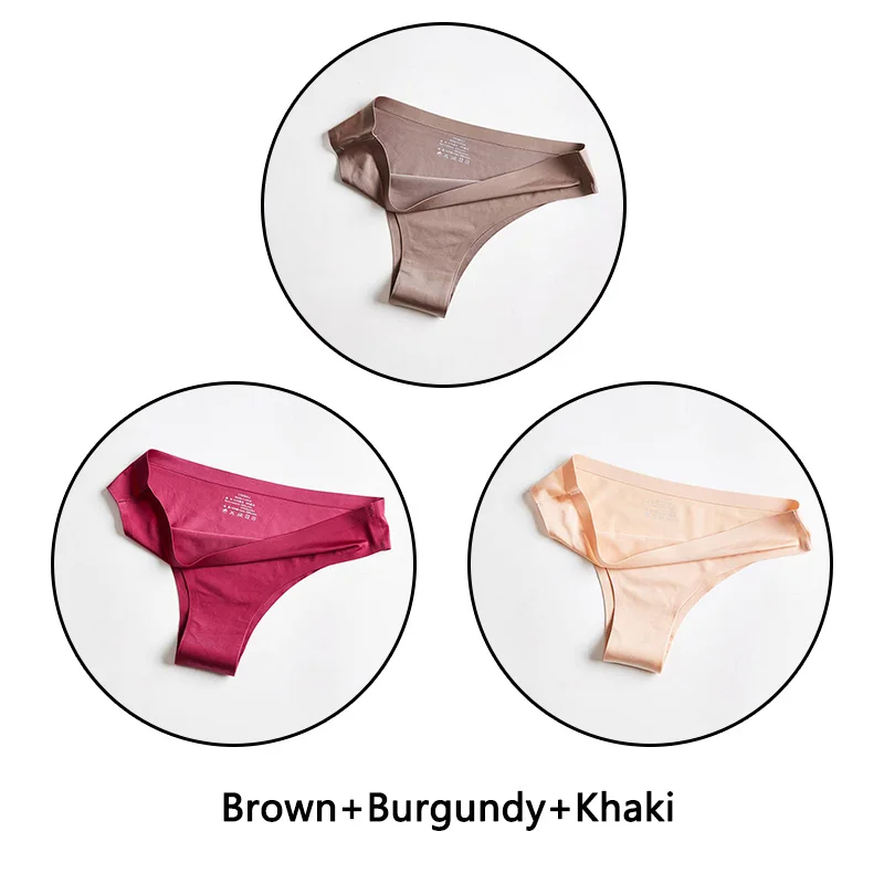 Brown Burgundy Khaki 3 шт./партия, бесшовное женское нижнее белье, мягкие шелковые трусы, сексуальное женское белье, одноцветные трусы M-3XL трусы большого размера - Цвет: Brown Burgundy Khaki