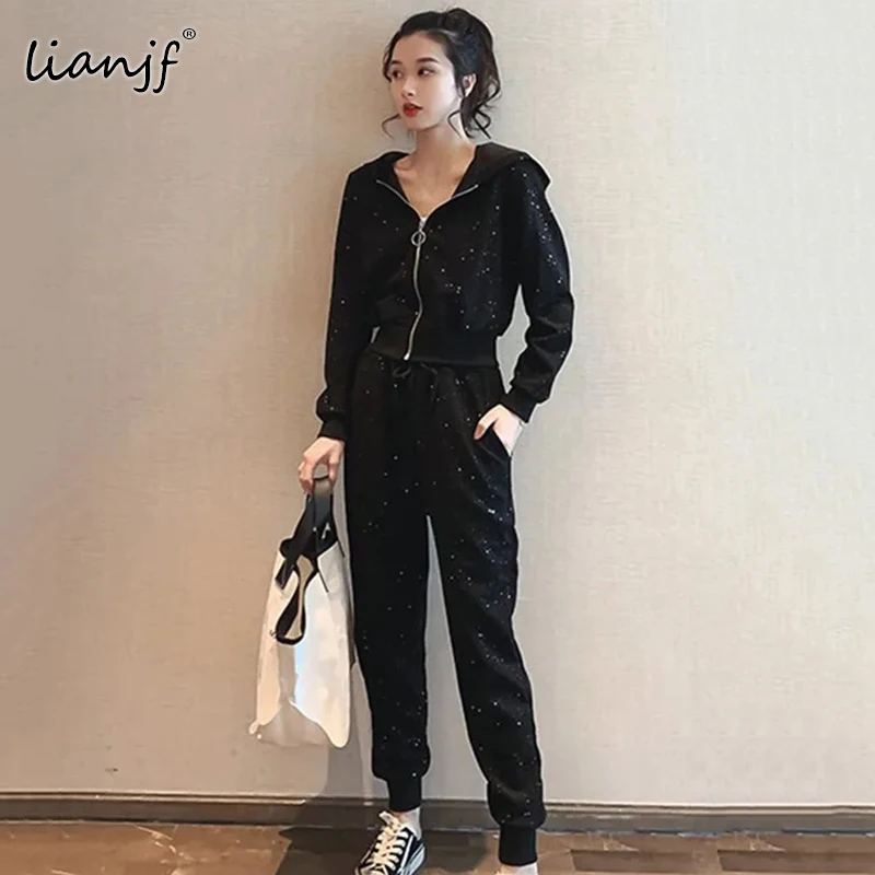 

Повседневный Блестящий женский спортивный костюм, осень 2021, куртка и классические брюки-шаровары, женский спортивный костюм из двух предме...