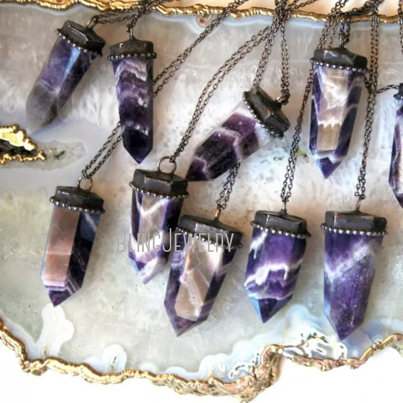 NM40517 Chevron Amethyst Point Crystal NecklaceWitch Goth Pendulum Tower Necklace Purple Amethyst Crystal Obelisk Necklace