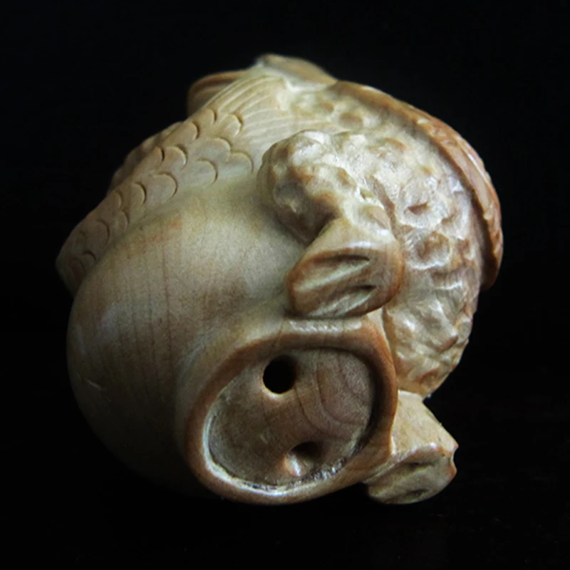 

Q4150 - 2 " Hand Carved Japanese Boxwood Netsuke Carving Figurine- Kappa and Fish