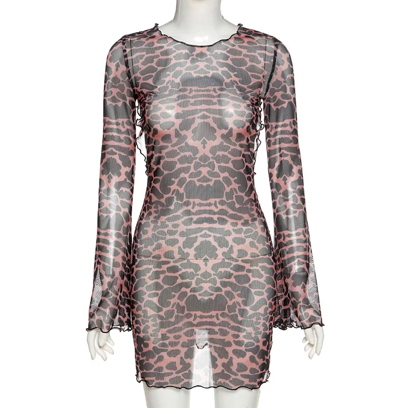 

Fashion Leopard Print Backless Dress Women Long Sleeve Mini Mesh Dress 2021 Spring Halter Transparent Sexy Club Dress Gowns