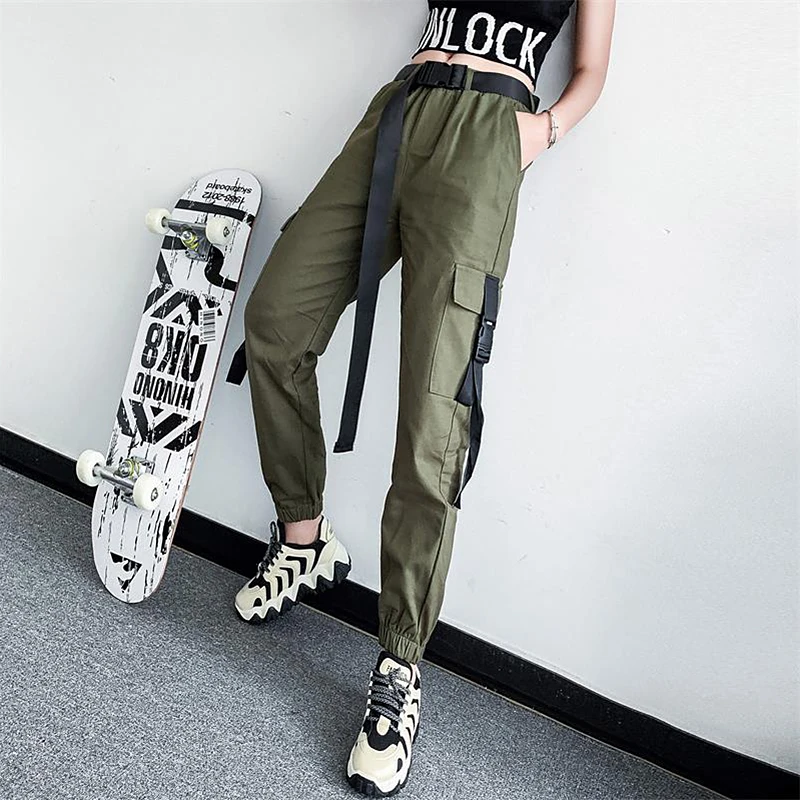 

Женские брюки с поясом и лентой, уличная одежда, брюки-карго с высокой талией, повседневные свободные брюки для бега, женские брюки размера п...