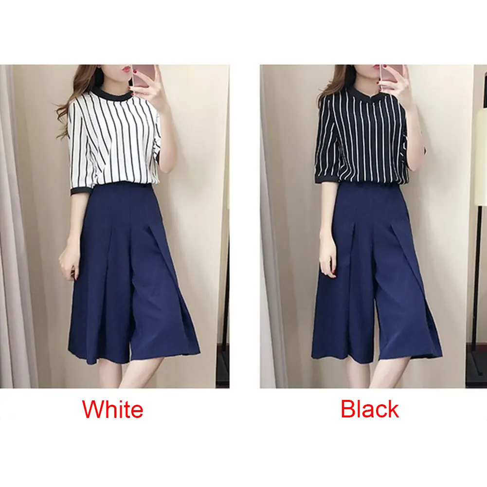 

Women Two-piece Sets Chiffon Short Wide Leg Pants With T-Shirt Suit of Ladies New Summer Fashion