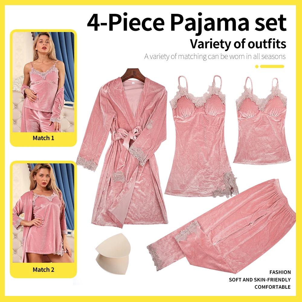 4 шт. одежда для сна женская пижама халат комплект dormir топы домашняя костюм ночное