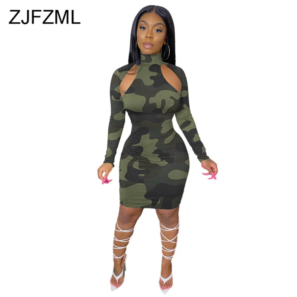 

Camouflage Printed Streetwear Bandage Midi Dress Women Turtleneck Full Sleeve Package Hip Dress Sexy Hollow Out Backless Dress