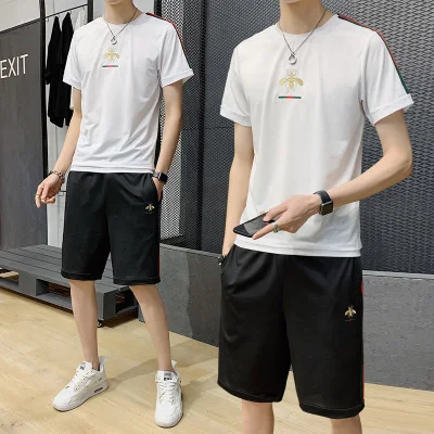 

2020 Polyester Slim 2 Piece Sets Patchwork Printed Men Summer O-Neck Clothing Tracksuit New Short Sleeve Male T-Shirt Sportswear