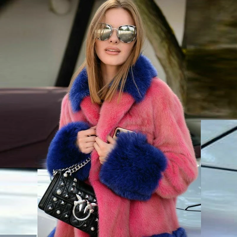 BFFUR Rose Red Real Mink Fur Coats Women Natural Winter Fashion Whole Skin Genuine Mink Fur Jackets With Fox Fur Cuffs Outfit