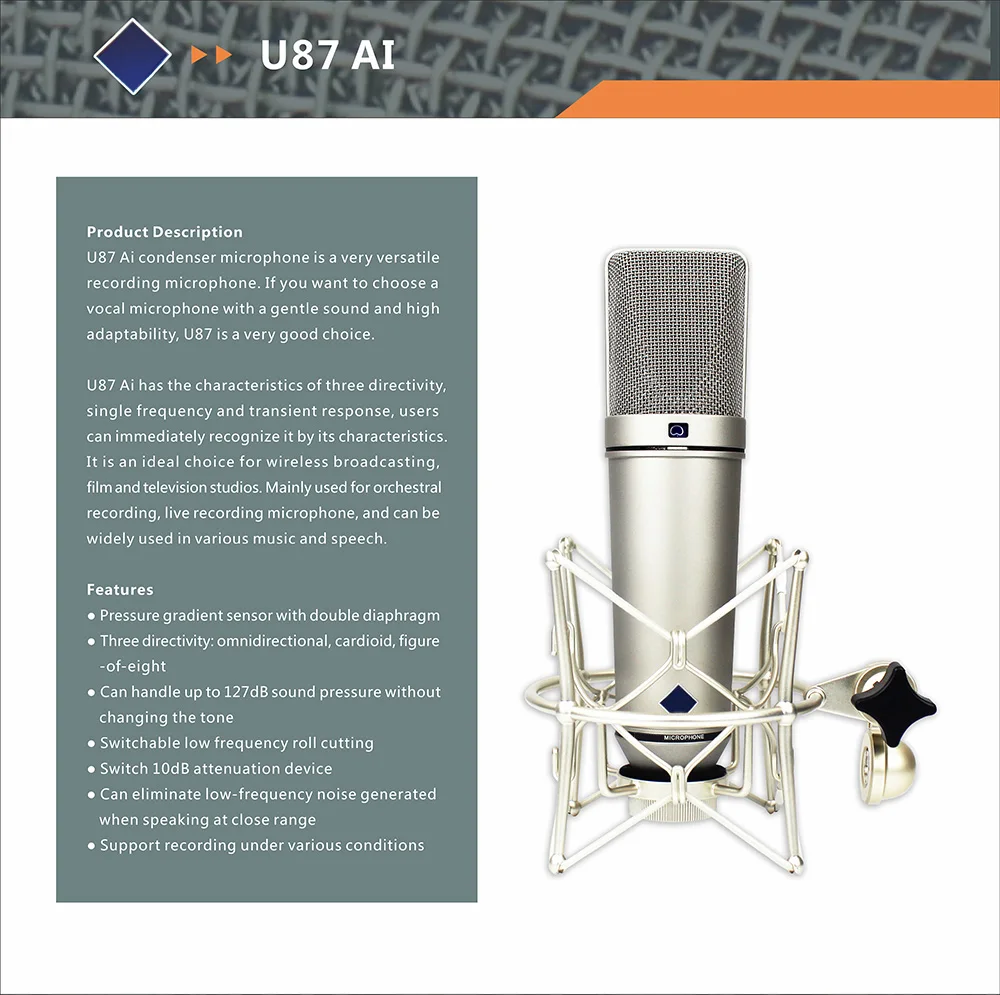

U87AI Топ Студийный микрофон, конденсаторный, высококачественное и профессиональное звукозаписывающее оборудование микрофон