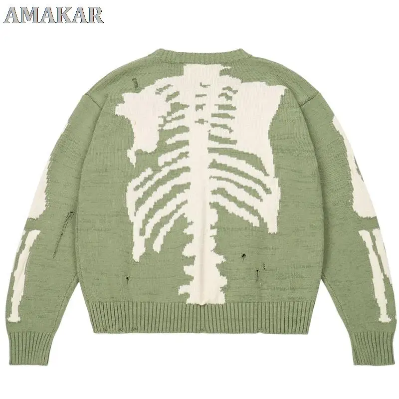 

Мужской Свитер оверсайз, Зеленый свободный винтажный свитер с принтом скелета и костей, Женский вязаный свитер в стиле High Street 1:1