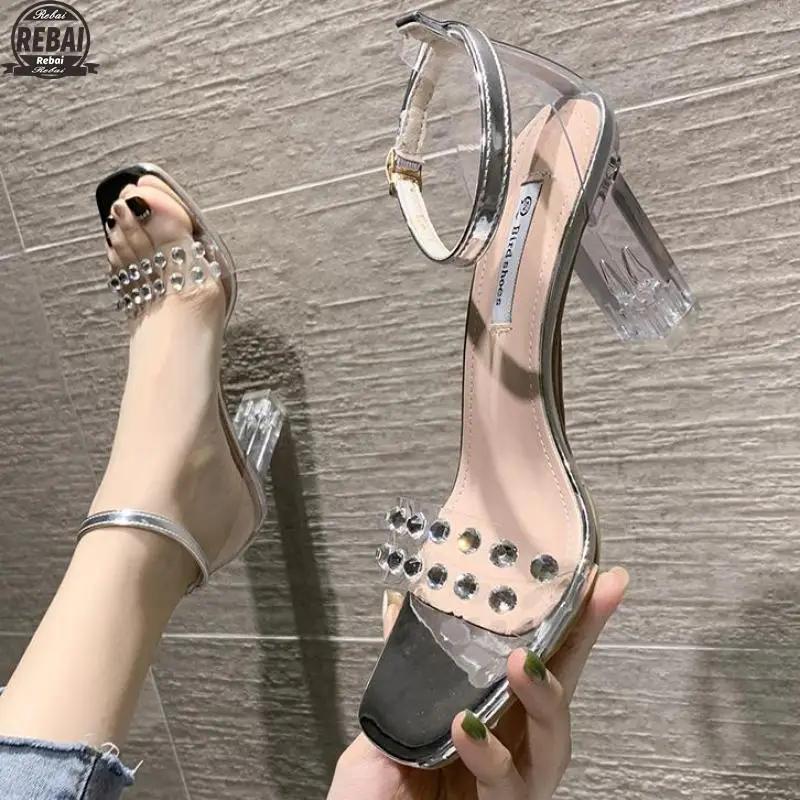 

2021 New Fashion Women Sandals Crystal Clear Heels Ankle Strap Sexy Square Toe Ladies Dress Shoes Indoor Zapatillas Casa Mujer