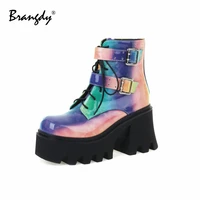 brangdy fashion women ankle boots hot pu leather chunky platform women shoes colorful square toe women winter boots fur zipper