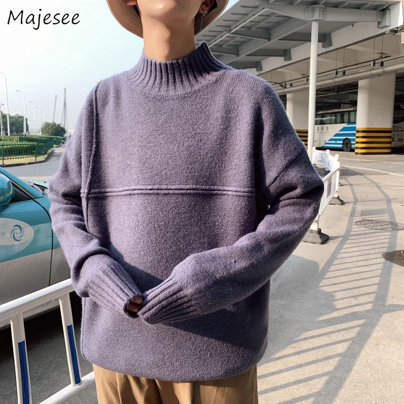 

Me Pullovers Solid Mock Neck Loose Simple Chic Korean Style Colorful Ulzzang Thicken Sweaters Lazy Warm Ins Male Jumpers Knitted