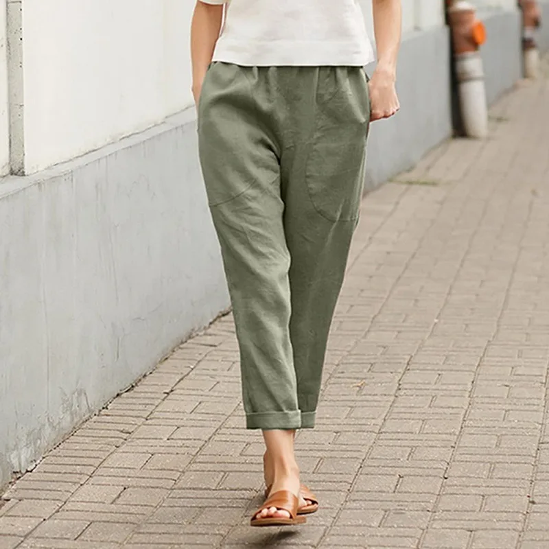 

Solid Lady Casual Trousers Drawstring Elastic Waist Cotton Women Trousers Straight Ankle Length Women Oversize Pants 3XL
