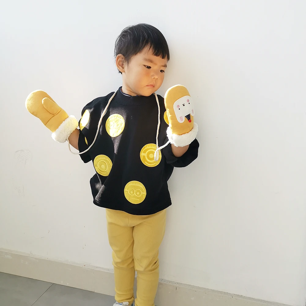 Зимние длинные митенки детские перчатки теплые меховые замшевые с мультяшным