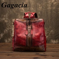 gagacia new red luxury backpack women retro large capacity splicing contrast cowhide leisure travel simple bag female backpacks