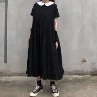 houzhou summer dress women black kawaii sweet japanese preppy style ruffles midi dresses oversize loose sundress casual robe