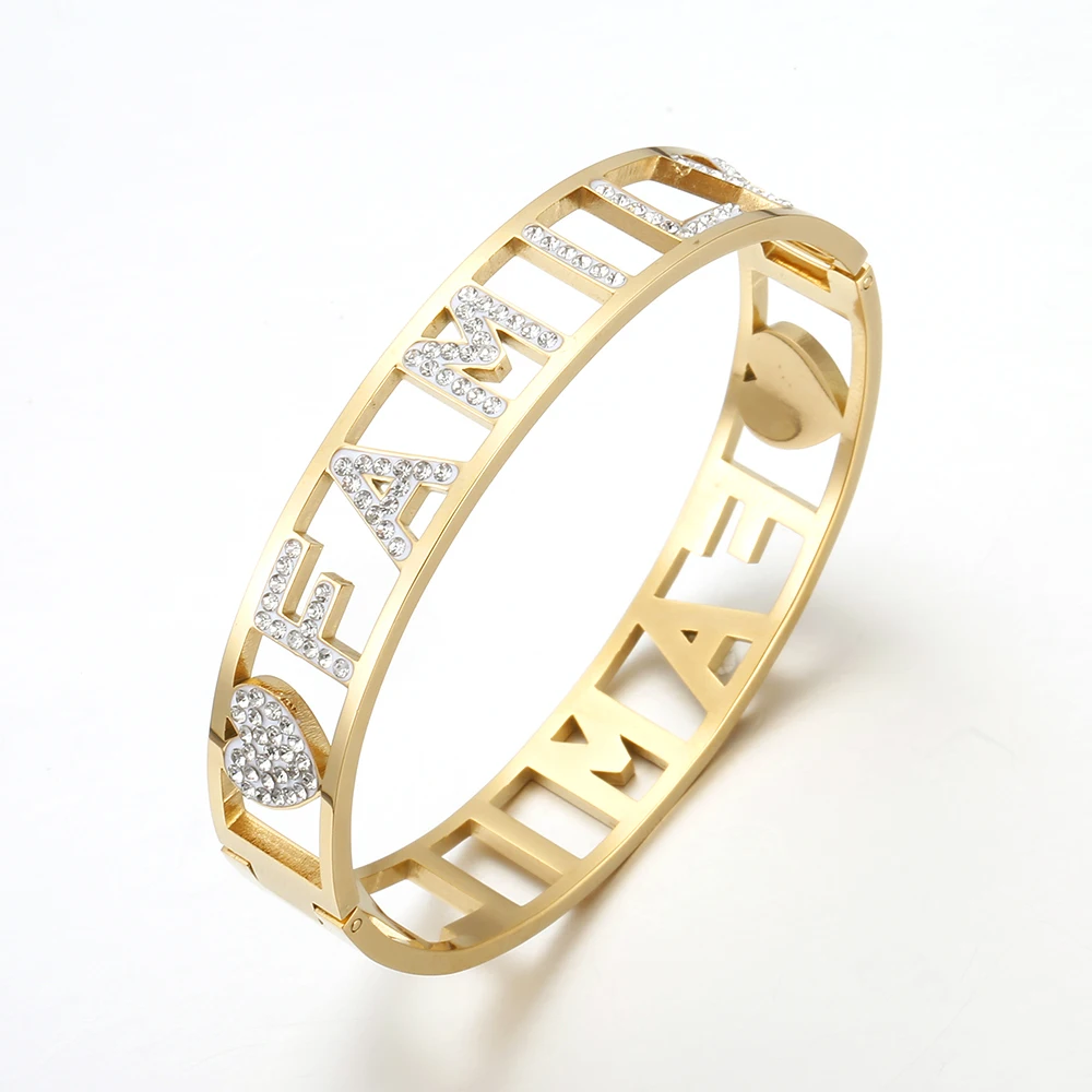 

Women's Stainless Steel Bracelet Femme Wthie Crystal FAMILY Letters Bangle Gold Color Luxury Wedding Jewelry Gifts