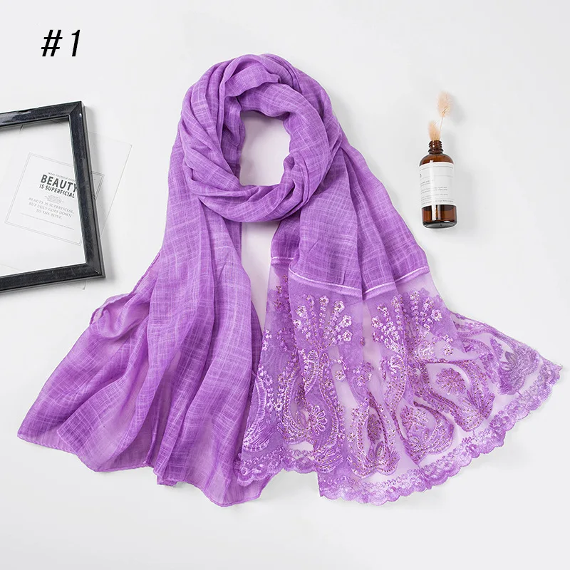1 light purple Мода Для женщин хиджаб платок-шарф роскошные бриллианты фуляровый, мусульманский платок из изысканного кружева, с вставками и блестками, Длинная накидка, тюрбан - Цвет: 1 light purple