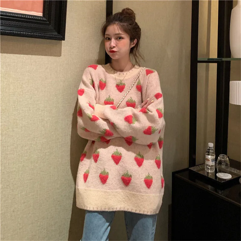 

Women's Sweater Pullover Peach Strawberry Knitted Sweaters Round Neck Long Sleeve Autumn Winter Bottoming Shirt External Wear