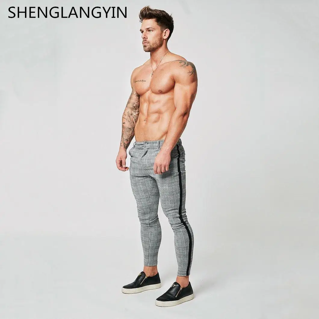 SHENGLANGYIN Mens Chinos Slim Fit Skinny Pants For Men Chino Trousers Plaid Design Fashion Grey With Stripe at Side zm353 | Мужская