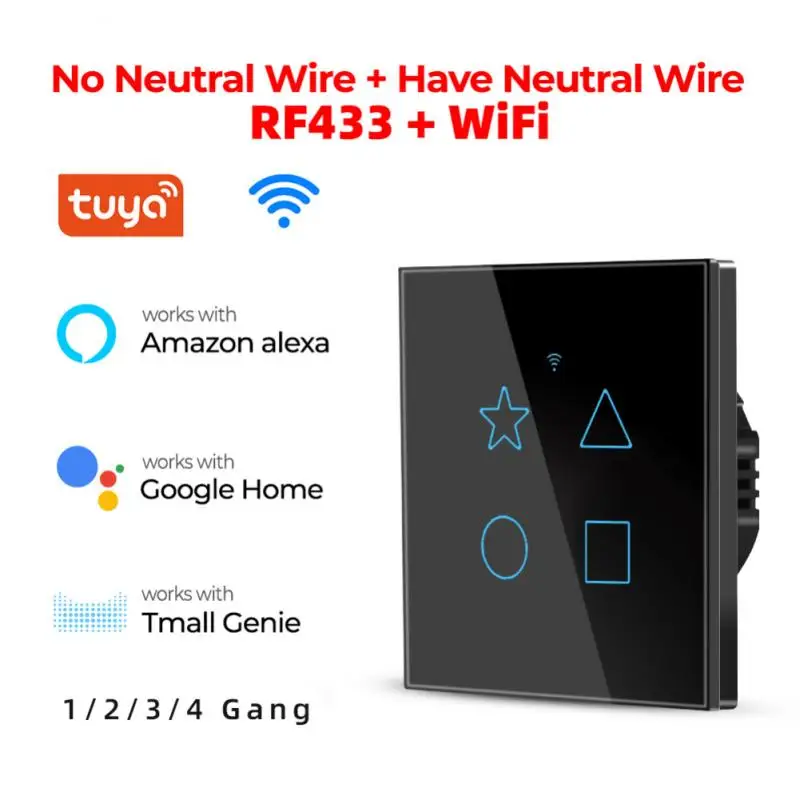 

Умный сенсорный выключатель 1/2/3/4 кнопочный, Wi-Fi + 433 МГц