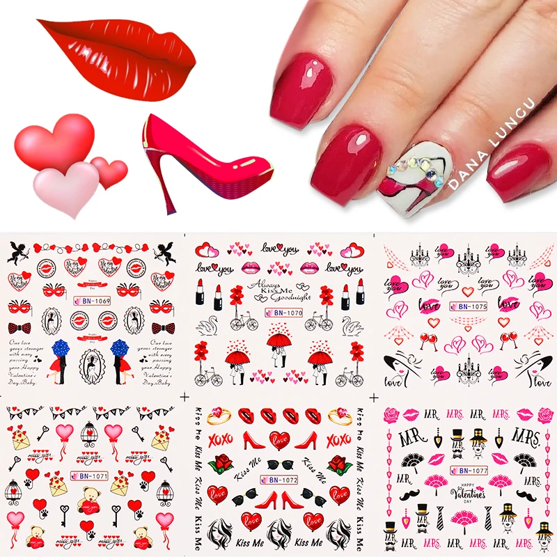 

12pcs Alphabet Love Letter Stickers For Nails Valentine's Day Flowers Heart Slider Decals Nails Art Decorations Foil Manicures