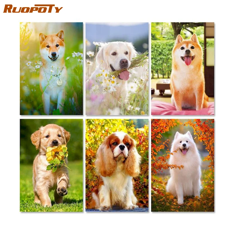 

RUOPOTY Frame Diy Oil Painting By Numbers Kits Dogs Animal Picture Paint By Numbers Artcraft For Adults Kids Unique Gifts Wall A