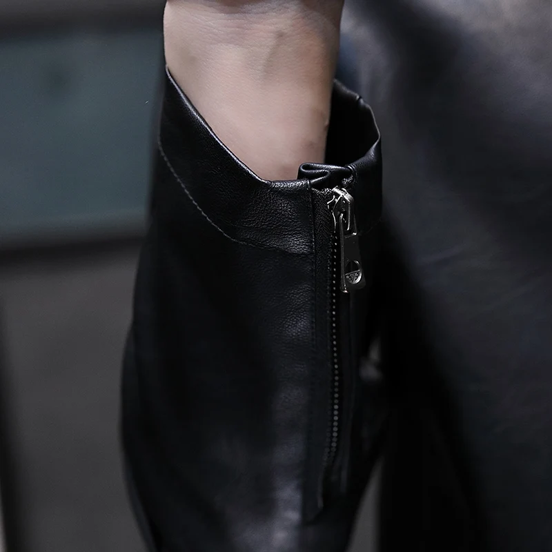 

New Leather Jacket Male Slim Spring Fashion Zipper Pockets Leather Men's Jacket Pure Color Leisure