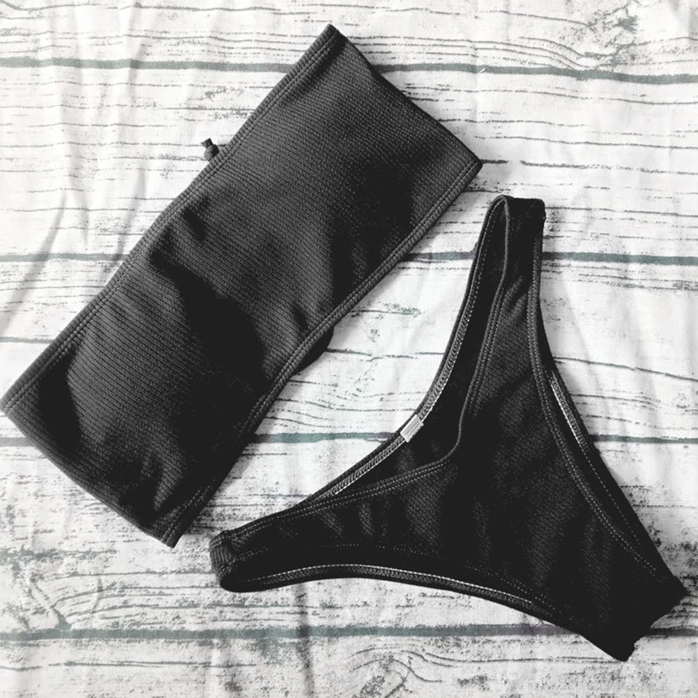 

2021 New Sexy Bikini Set 2 Piece Swimsuit Padded Tube Top and Panty High Waist Women Swimwear Women Swimsuit Pure Color
