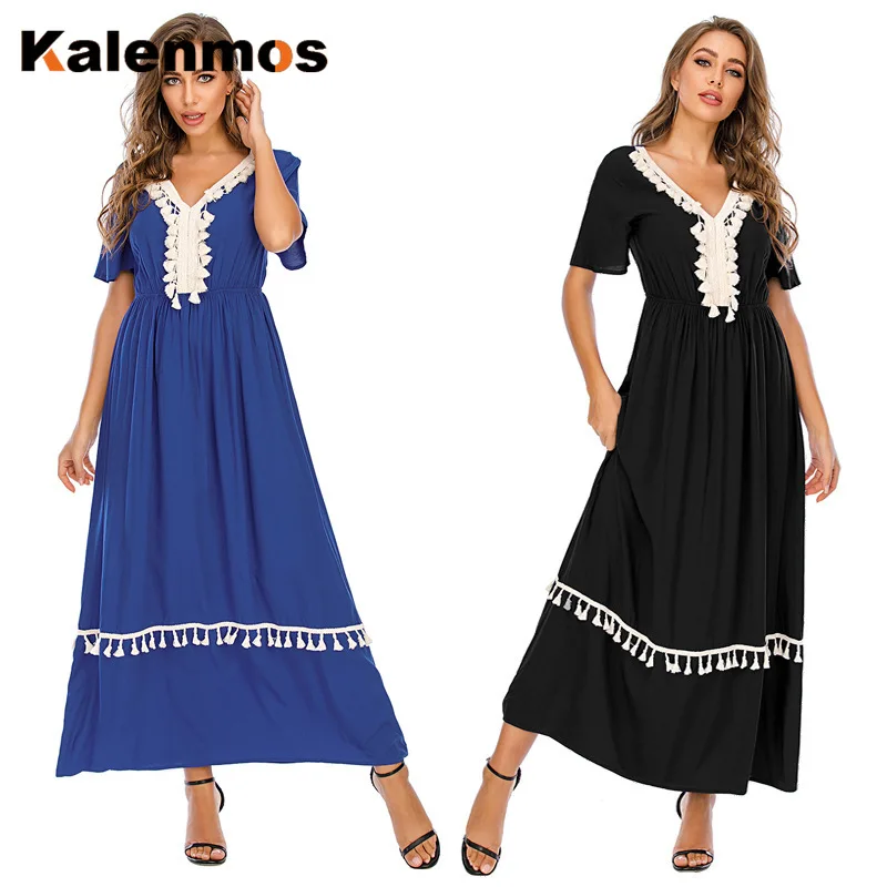 Женское длинное платье с кисточками и коротким рукавом в мусульманском стиле |