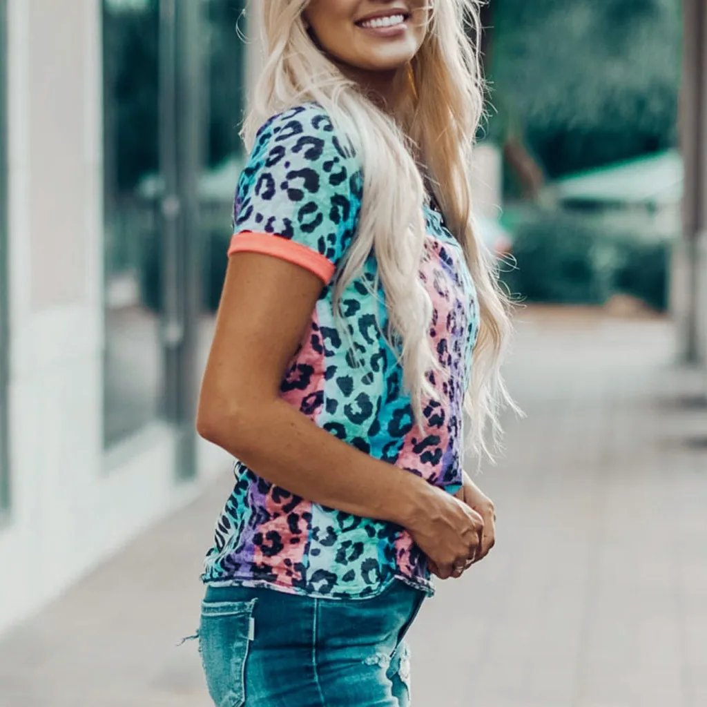 Женские топы стильные цветные леопардовые свободные круглый вырез летние реглан