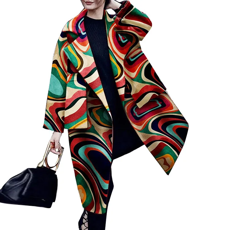 

SuperAen Fashion Turn Down Collar Print Full Pocket Coat Women Jacket