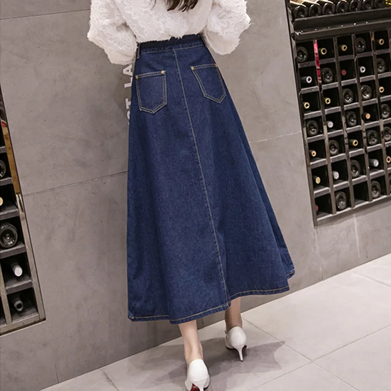

Women Single Breasted Fashion Slim Long Jean Skirts Spring Big Swing A-Line Casual Buttons Midi Denim Skirt Loose Solid Clothing