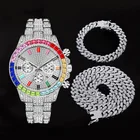 Кубинская цепь Майами мужская, ожерелье и браслет с разноцветными часами с украшениями из кубинской цепи, Модный Ювелирный Комплект в стиле хип-хоп с кубическим цирконием